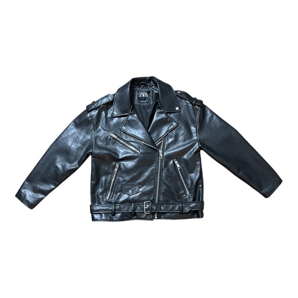 ZARA BLACK FAUX LEATHER MOTO BIKER JACKET BELTED ZIP COAT SIZE LARGE **NWOT** - Picture 2 of 13